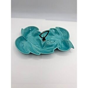 USA Pottery‎ Mid-Century Turquoise Aqua Vintage 2 Leaf Condiment Dish #100